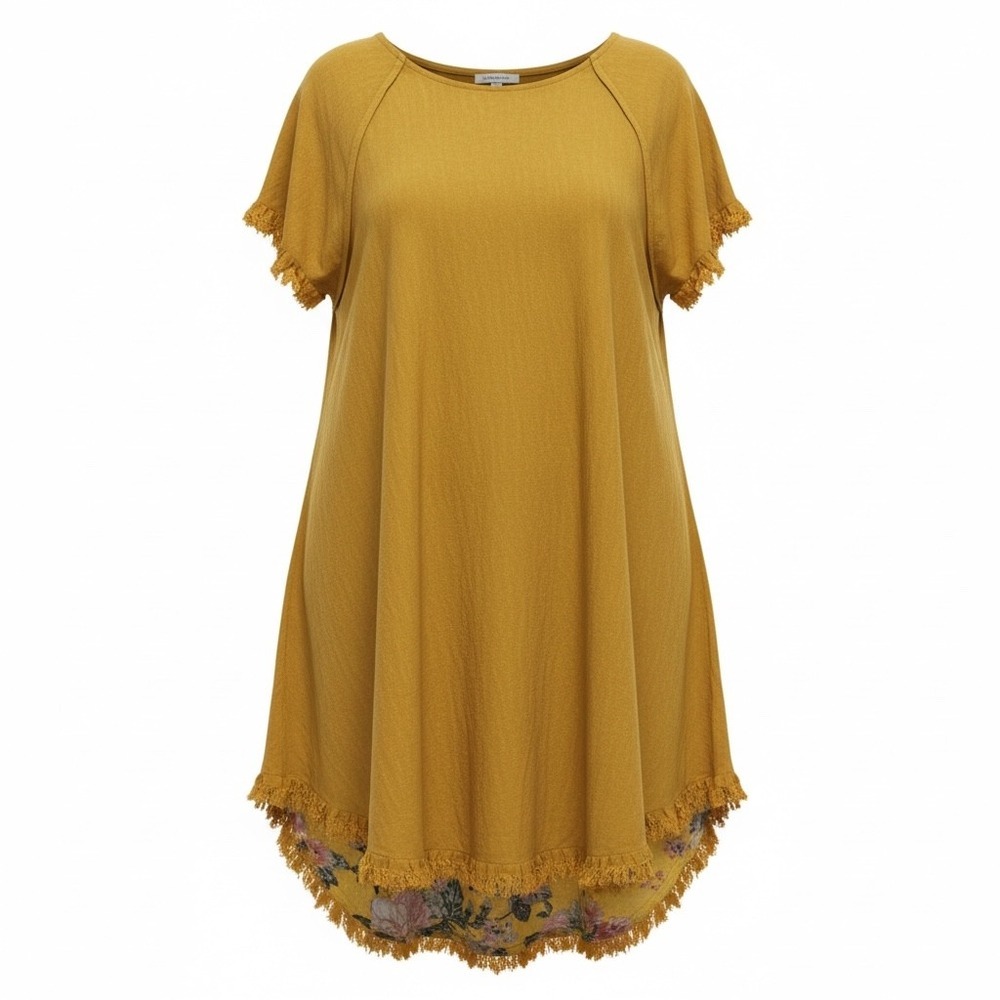 Umgee Yellow Goldenrod Floral Fringe Tunic Dress Short Sleeve Women's Size S